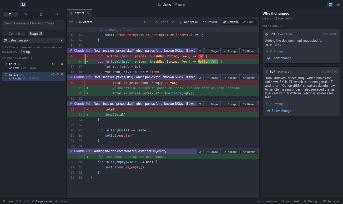 Argus showing an agent's edits to cart.rs inline, each with Claude's reason and Stage, Accept and Revert buttons, and a 'Why it changed' panel on the right.