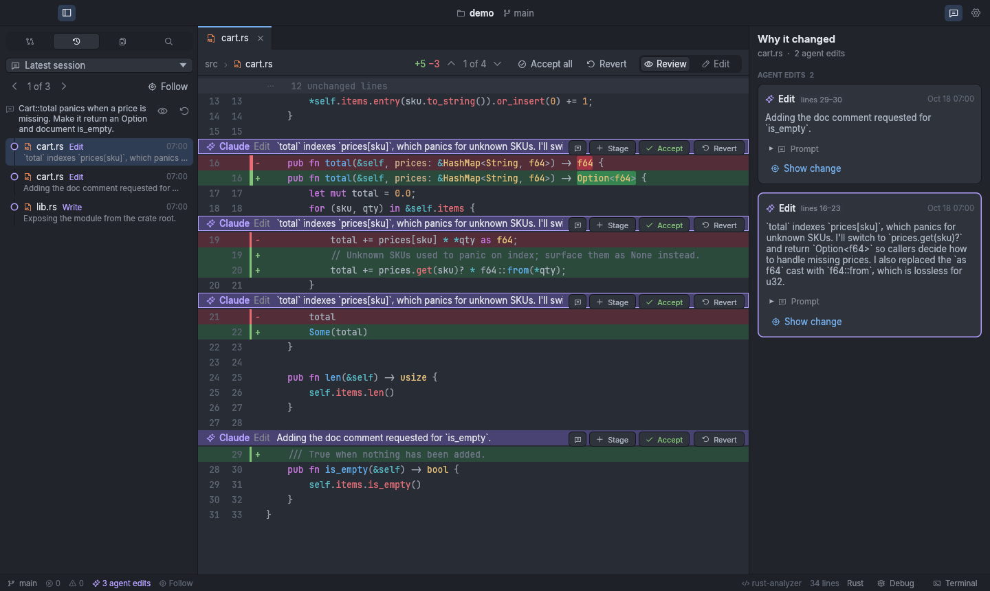 The Timeline tab listing the agent's edits under the prompt that caused them.